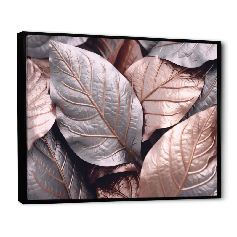 " Gold Pink Leafs Harmony I ", 30" H x 40" W x 1.5" D, Black Floater Framed