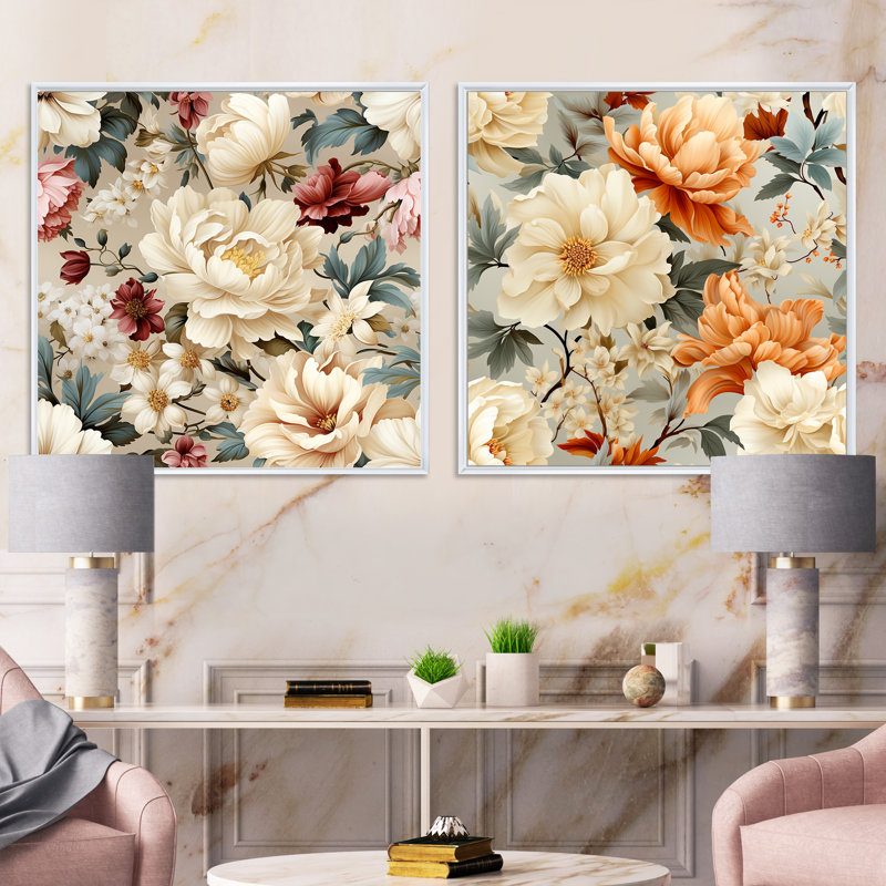 Attleboro - Ensemble de 2 collages carrés floraux, H 16 po x l 33 po, Cadre flottant blanc
