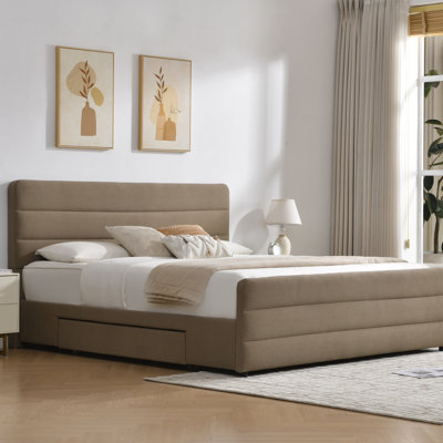 Braya Luxury Sleigh Bed With 2 Large Wood Drawers Storage,Beige,King