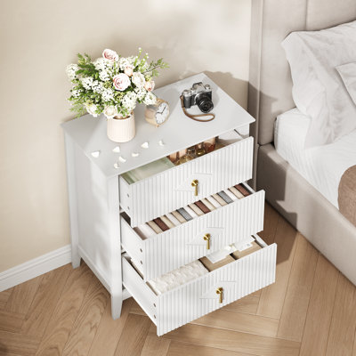 Mid-Century Modern 3-Drawer Nightstand, 27.5" Wide Wood Bedside Table Dresser, 150LB Strong w/ Metal Handles & Anti-Tip Kit for Bedroom-White