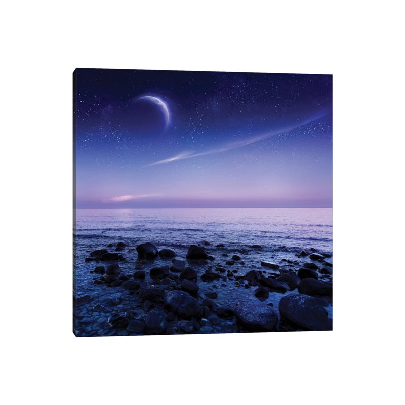 Moon Rising Over Rocky Seaside Against Starry Sky. by Evgeny Kuklev - Wrapped Canvas Gallery-Wrapped Canvas Giclée