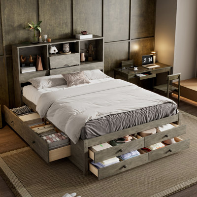 Queen Size Platform Bed with Storage Headboard and 8 Drawers, Gray