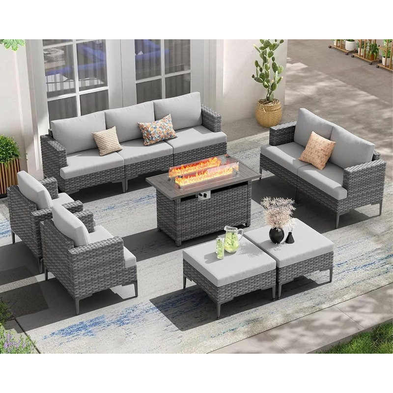 10-Piece Outdoor Patio Conversation Set With Cushions, Ottomans & Propane Fire Pit Table – All-Weather Wicker, Gray