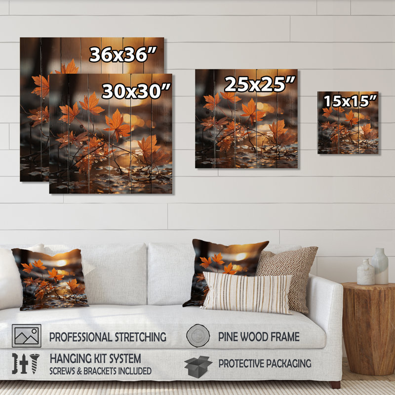 «Orange Autumn Maple Leaves I - Lake», reproduction sur toile, H 15 po x l 15 po