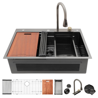 Évier de cuisine en acier inoxydable de calibre 16 de 33 po x 22 po avec robinet coulissant, laveuse à tasses et planche à découper