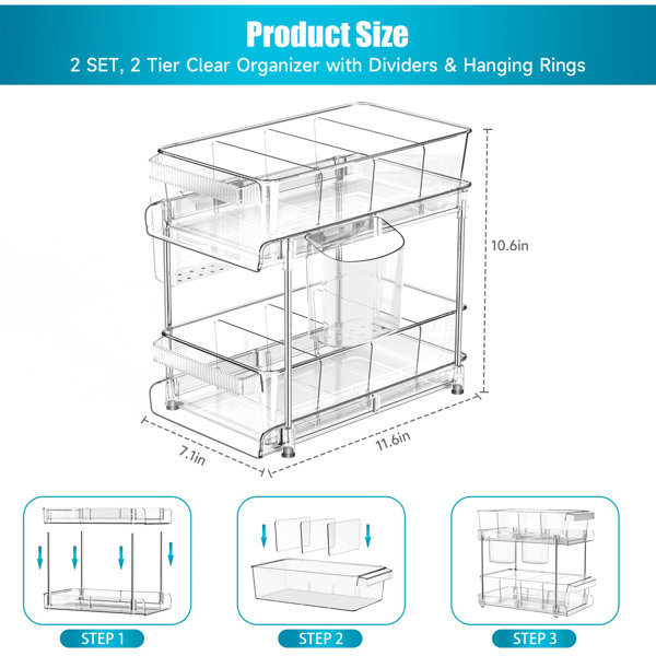 2 Tier Bathroom Organizer with Dividers,Clear Under Sink 2 Set, Clear