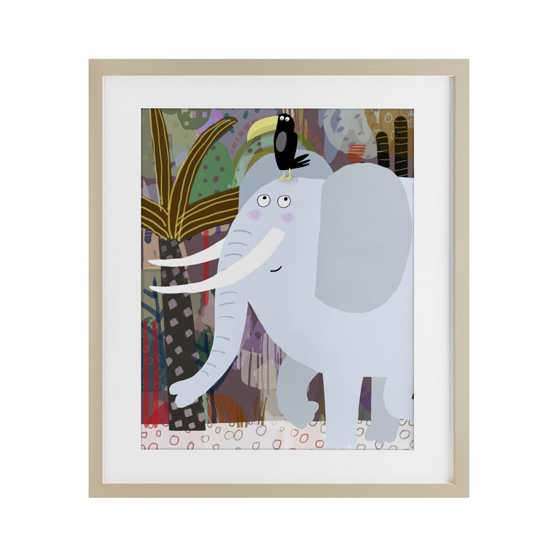 «Elephant & Toucan in Jungle», reproduction sous verre encadrée, design par Carla Daly, Cadre de récolte en pin