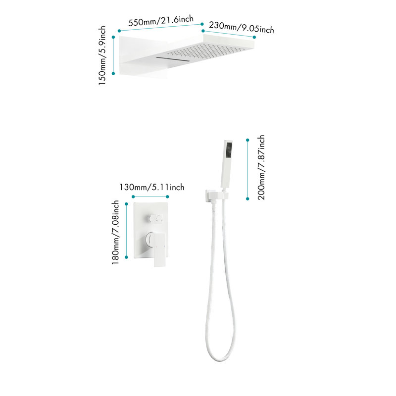 Système de douche pour baignoire - Tête de douche à pluie avec douchette, fixation murale, robinet en laiton blanc et douchette