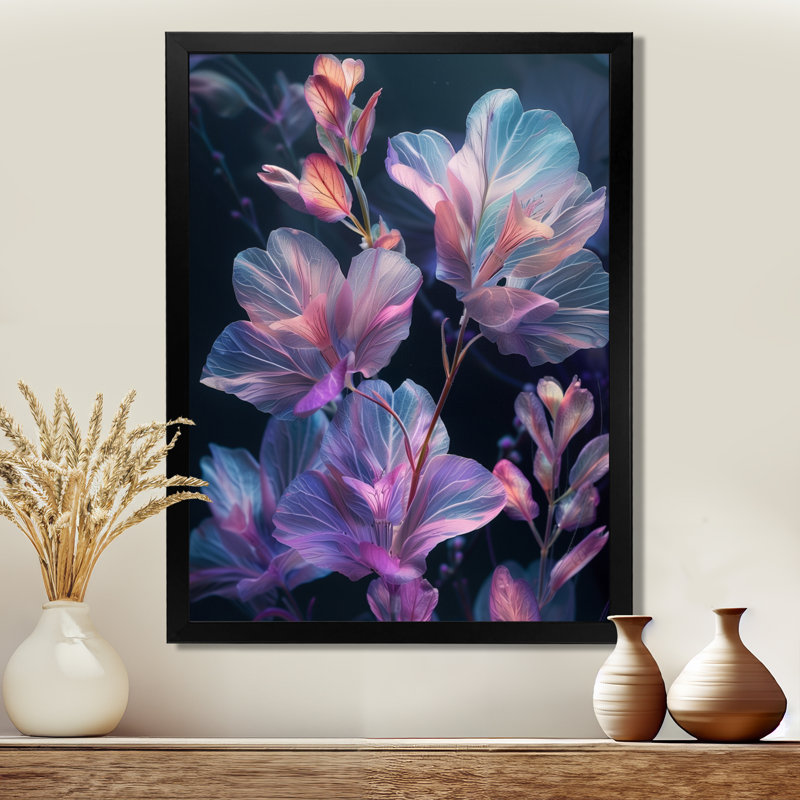 Rose rose, bleu, fleur de pomme II, H 12 po x l 20 po, Cadre simple noir, bois massif
