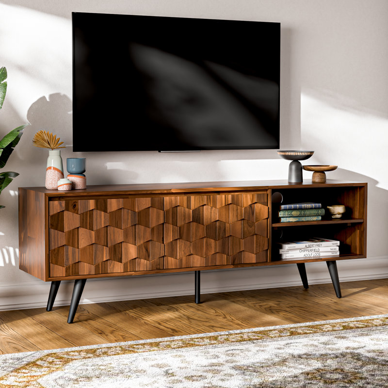 Georgina 65" Solid Wood TV Stand for Living Room & Bedroom, Adjustable Storage Shelves, Dark Choco