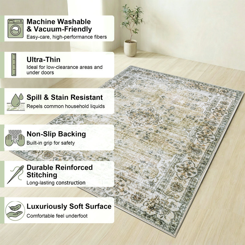 Royalton Non-Slip Machine Washable Oriental Indoor Area Rug in Green/Beige/Cream, Rectangle 2' x 3'