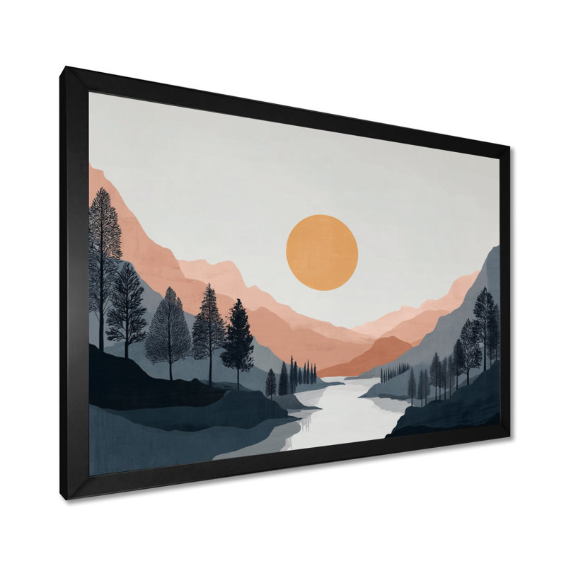 «Sunsetter River Drift Mountains», art sur toile côtier, art mural bord de mer jaune, H 34 po x l 44 po, Cadre photo unique