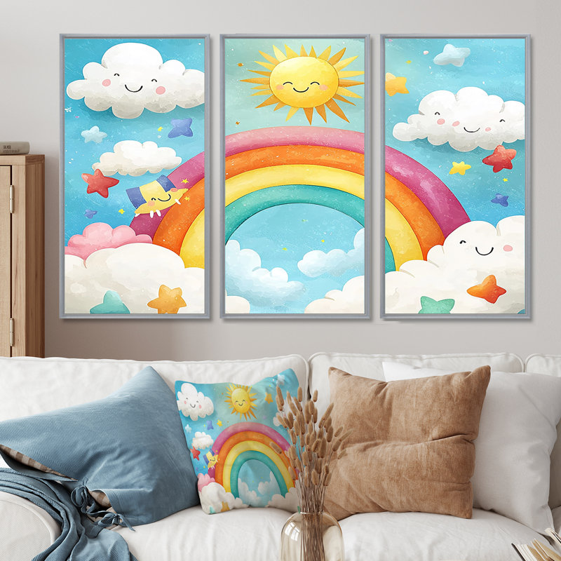 Rainbow Bright II - ensemble de reproduction d'art mural pour chambre de bébé, Toile argentée avec cadre flottant