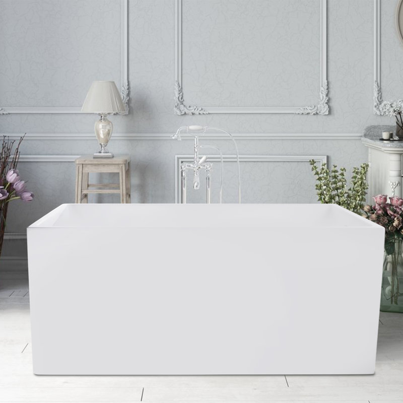 55" x 29" Freestanding Soaking Acrylic Bathtub, White/Polished Chrome