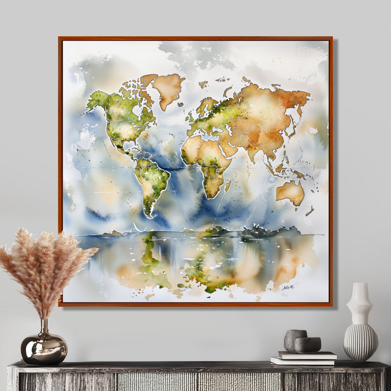 Mappemonde, carte du monde, salon, art mural, H 36 po x l 36 po, Impression dans un cadre flottant sans passe-parto, Bronze