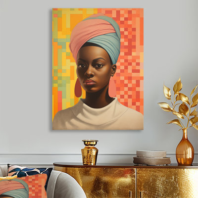 «60S Pastel Retro African Geometric Portrait II - Modern Woman Wall Art Living Room»