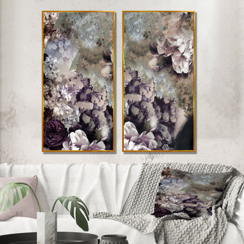 «Grunge Silk Nature Flower», ensemble de 2 peintures sur toiles, H 32 po x l 32 po x P 1 po, Cadre flottant doré