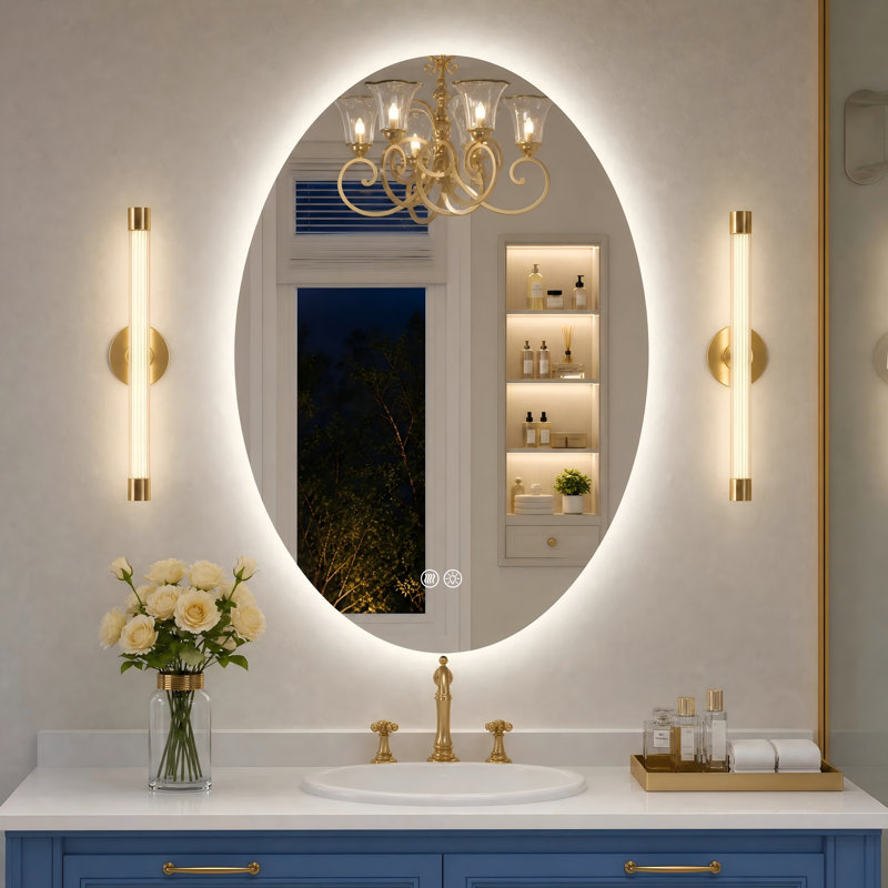 Miroir de salle de bain ovale rétro-éclairé sans cadre homologué UL, anti-buée, verre trempé, 24"x32"
