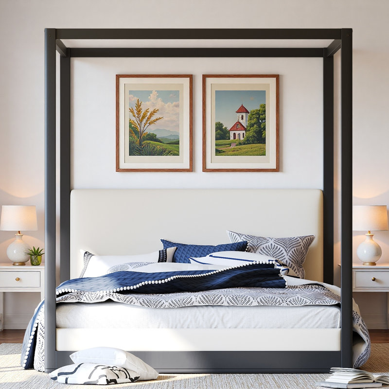 Lit à baldaquin avec tête de lit tapissier et base robuste, Noir, Grand lit