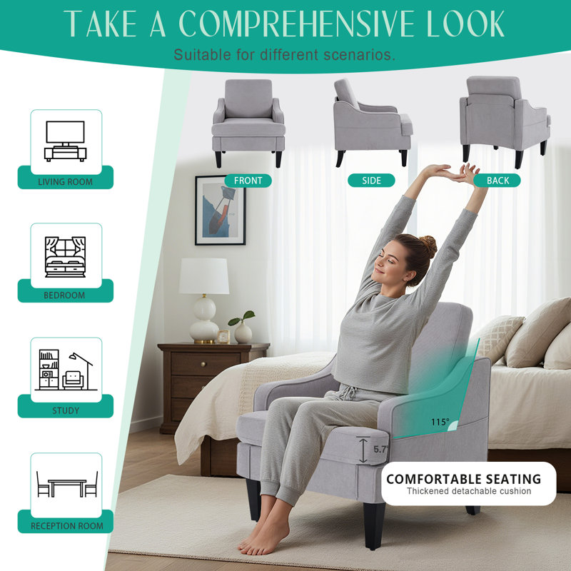 Modern Accent Chair For Bedroom Upholstered Reading Chair With Side Pockets Comfy Living Room Chairs Living Room Armchair For Office, Apartment ( Chenille)