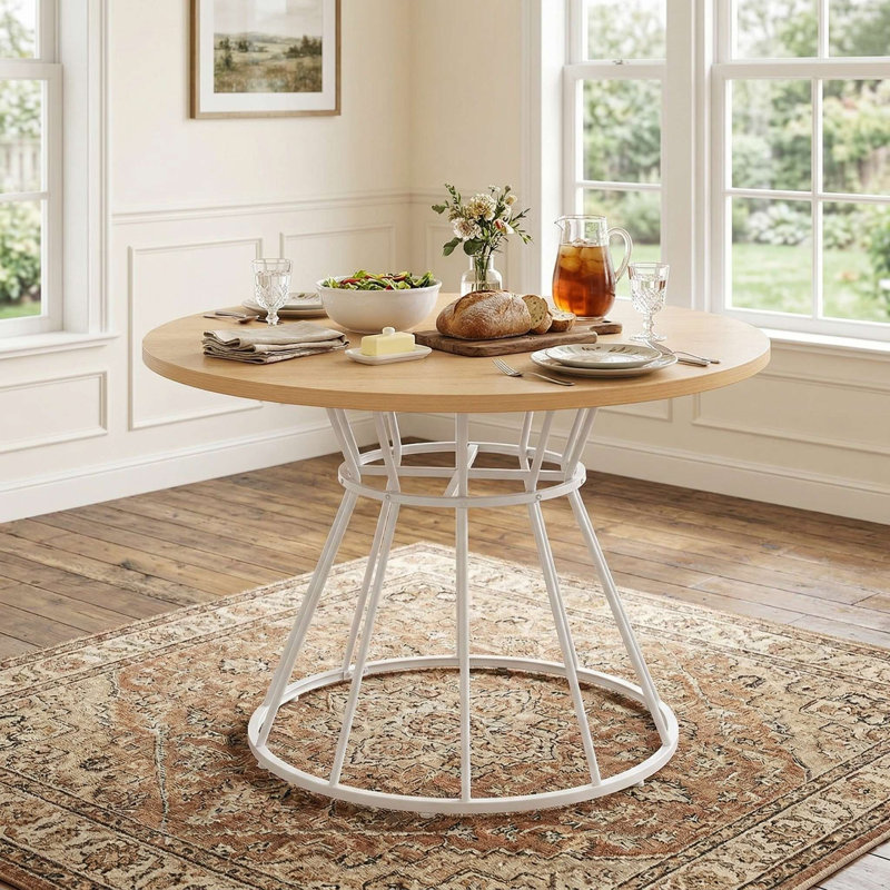 47-Inch Farmhouse Rustic Round Dining Table For 4, Natural Textured Solid Wooden Tabletop With Smooth Waterproof Anti-Scratch Easy-To-Clean Surface