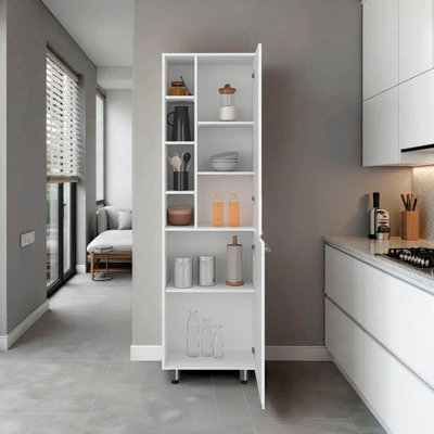 Garde-manger Florence, plusieurs tablettes ouvertes et fermées, design moderne, blanc