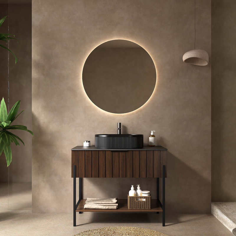 Meuble-lavabo de 36 po avec lavabo, armoire de rangement autoportante rayée avec tiroir et structure de support en métal, tablette ouverte, lavabo en céramique noire, couleur grain de bois noyer foncé