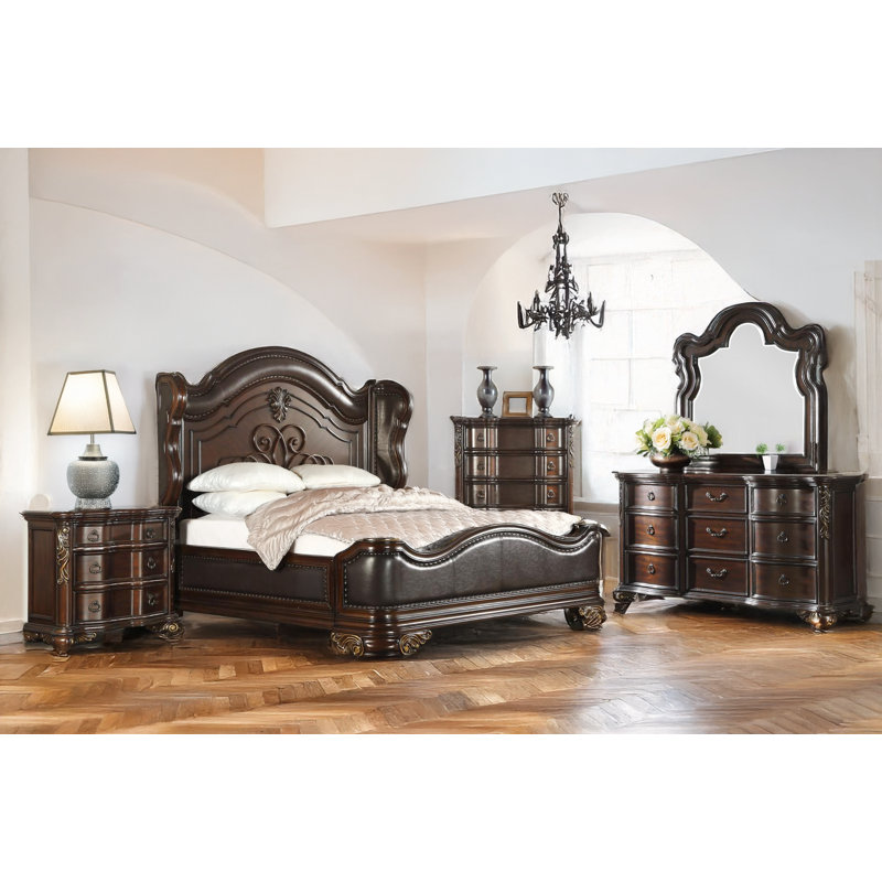 Jaymee Brown Cherry Faux Leather Upholstered Wingback Panel Bedroom Set, Grand