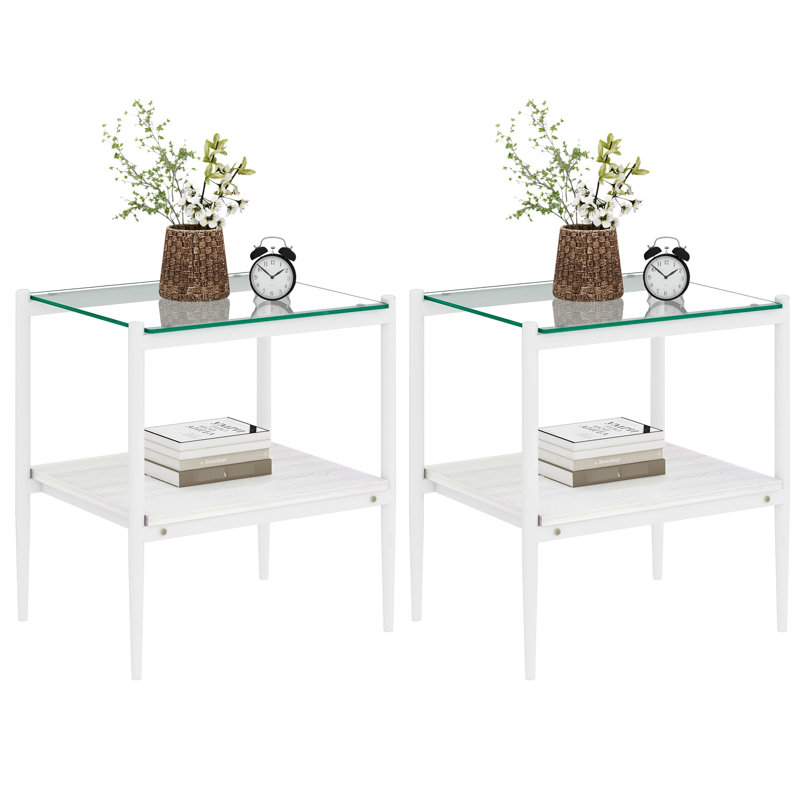 Living Room 2 Rectangle End Tables With Practical And Stylish Glass Tempered, White, Transparent