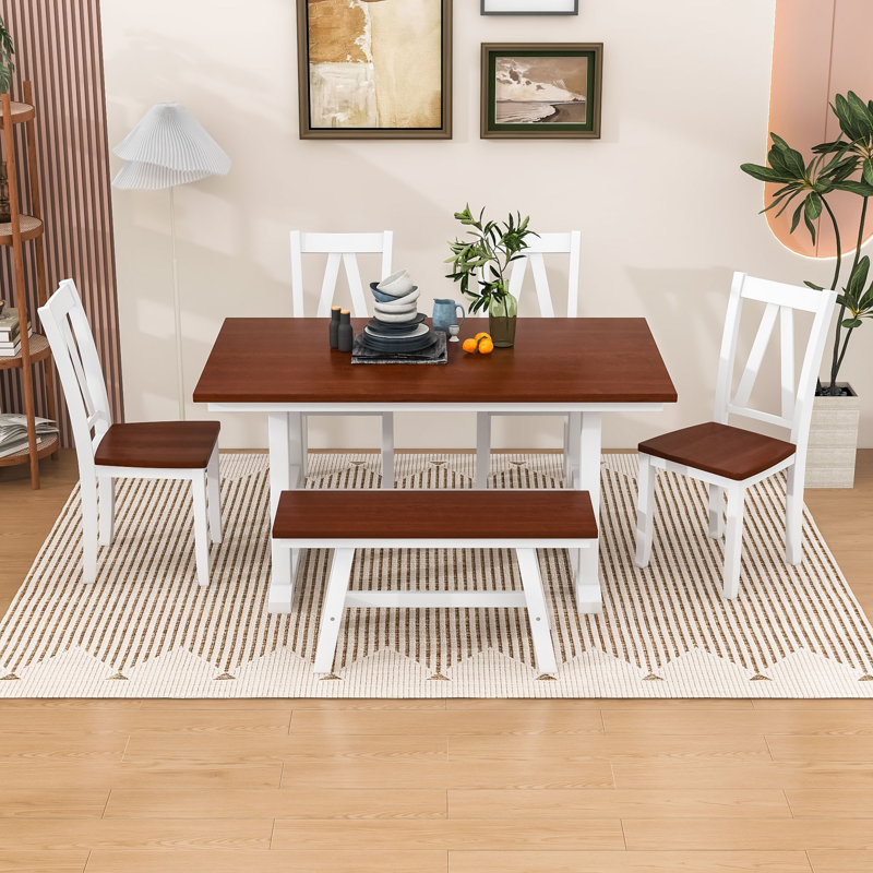 Ensemble de table de salle à manger 6 pièces, table de salle à manger rectangulaire avec banc et 4 chaises, Espresso/blanc