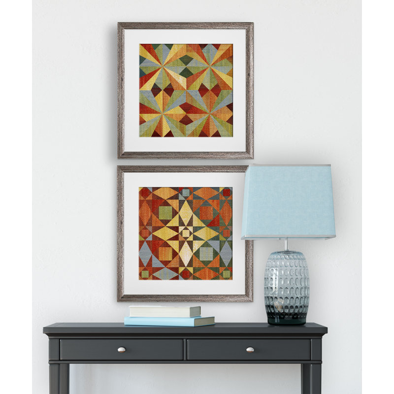'Kaleidoscope Quilt' 2 Piece Framed Print Set, Brown Framed