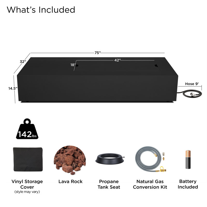 Aegean 75" Asymmetrical Rectangle Steel Propane or Natural Gas Fire Pit Table in Black by Real Flame, Black