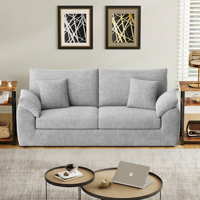 Boneless 89.8" Modern Upholstered Tufted Arm Loveseat Sofa with Pillows and Memory Foam Cushions, Light Gray