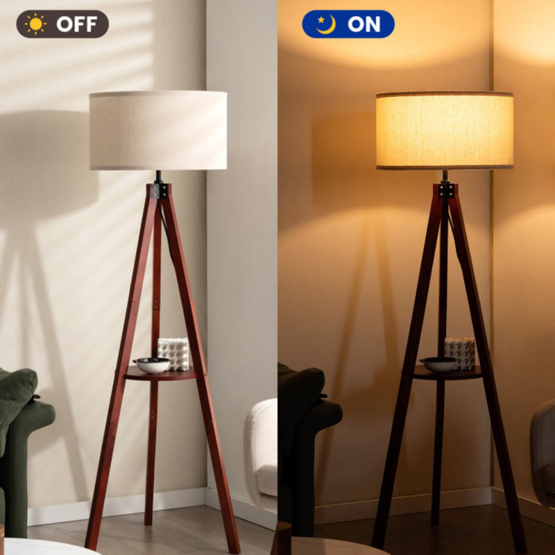 Brown Rubber Wood Tripod Floor Lamp with Linen Shade and Shelf