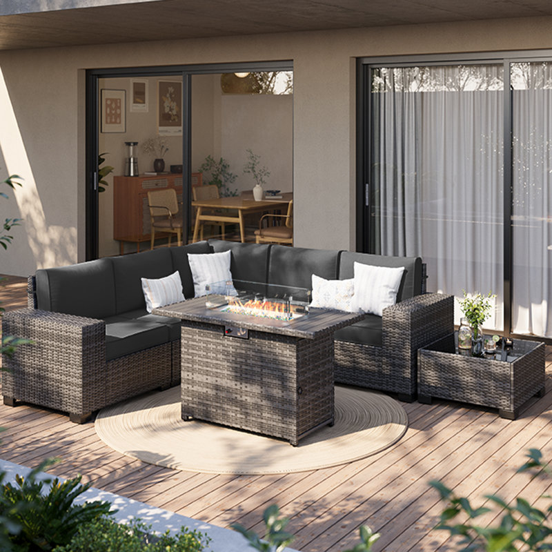 6-Piece Modular Outdoor Rattan Sectional Seating Group With Wide Armrests And Fire Pit, Grey, Black