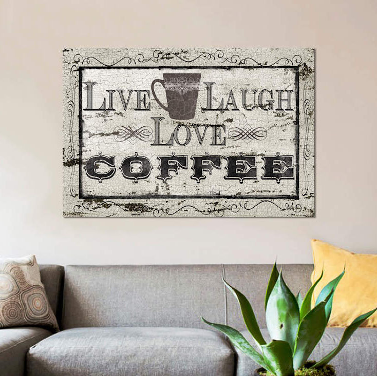 «Live, Laugh, Love, Coffee», art textuel sur toile, H 8 po x l 12 po x P 0,75 po, Toile tendue, Pas de tapis