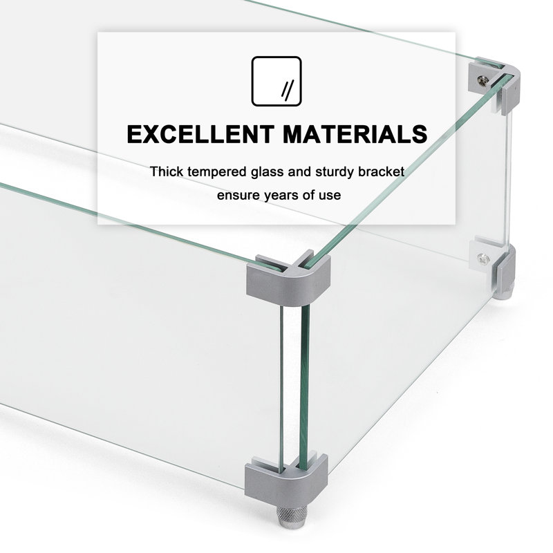 Rectangular Fire Pit Wind Guard, Transparent Tempered Glass, Polished Aluminum Brackets, 3M Anti-slip Pads, Fit for Best Choice 52-inch Fire Table 