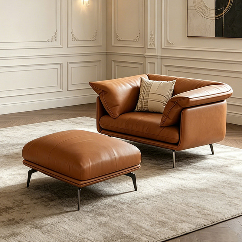 Chaise avec accoudoirs avec coussin orange en cuir véritable avec repose-pieds