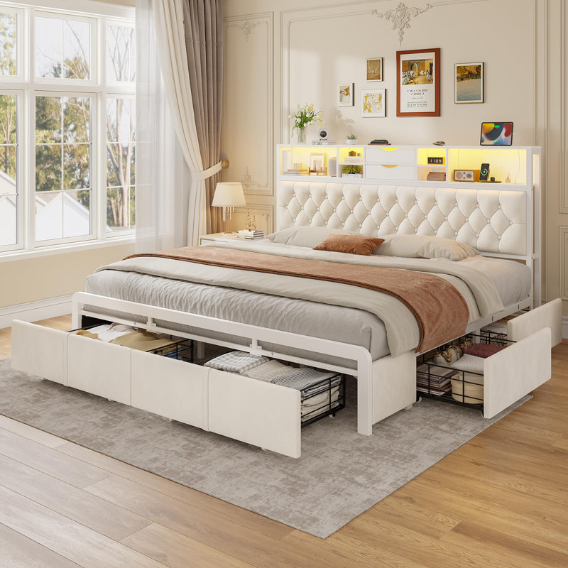 Upholstered Bed Frame With 6 Storage Drawers And Headboard, Platform Bed With Led Lights And Charging Station, King, White
