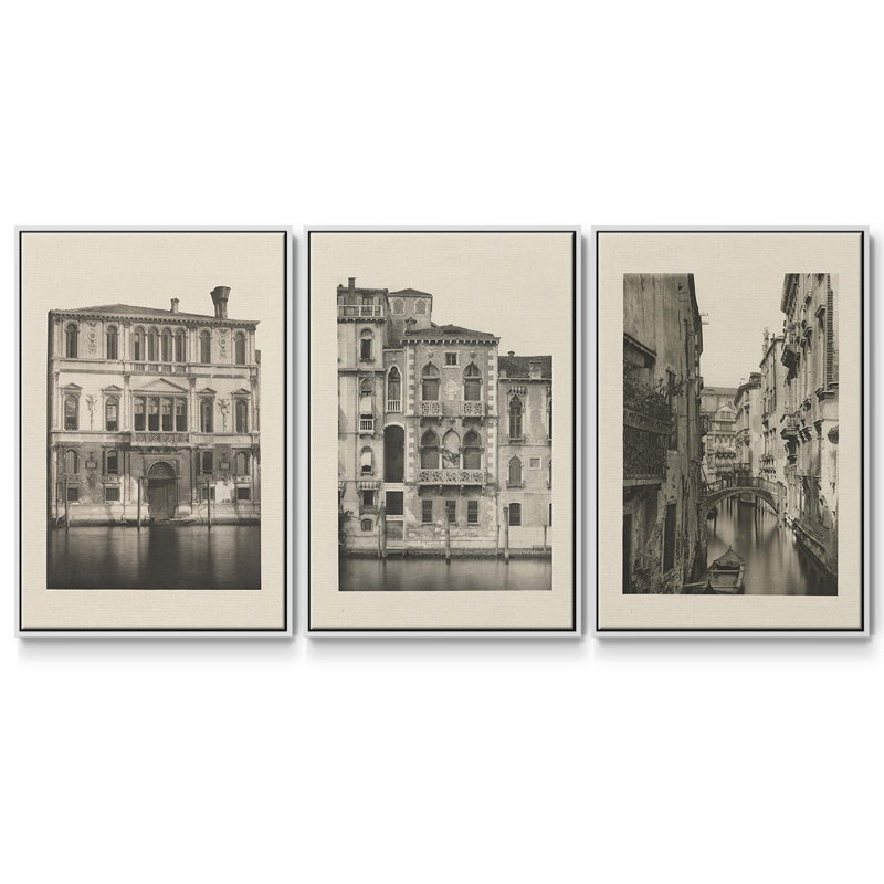 "Vintage Views of Venice I", ensemble de 3 pièces encadrées sur toile, Blanc, H 36 po x l 72 po