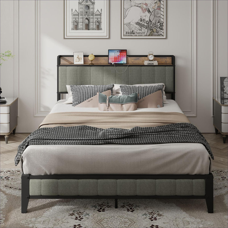 Upholstered Metal Platform Bed for Bedroom, Full Size Soft Gray with Charging Station and Under-Bed Clearance