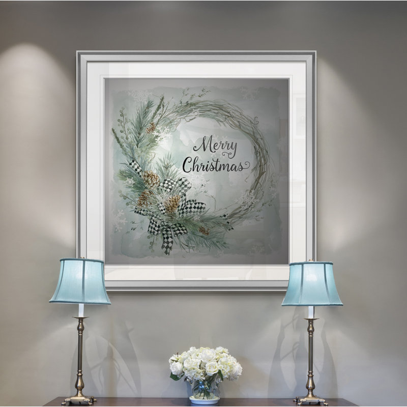 «Merry Christmas Pine Wreath», art textuel, H 16 po x l 16 po x P 1,5 po, Encadrement argenté