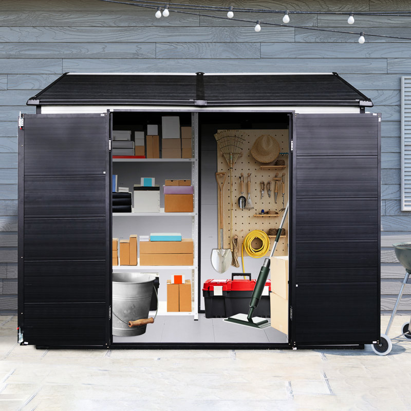Remise extérieure de 8 pi x 6 pi avec deux fenêtres - Porte de plancher et porte verrouillable en résine imperméable avec plancher, pour le jardin, le patio