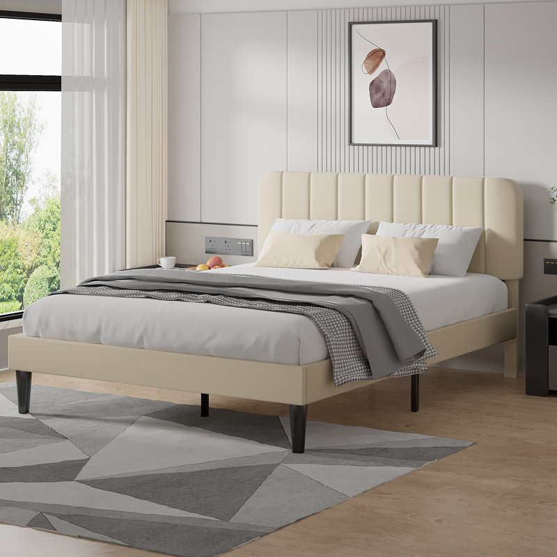Shasta Double Size Upholstered Beds, Modern Platform Bed Frame with Adjustable Headboard, Wooden Slats Support, No Box Spring Needed