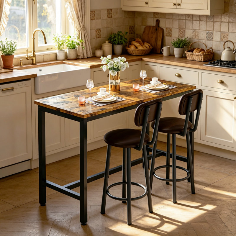 3 Piece Bar Table Set Of 2, 47" Rectangle Pub Bar Table With 2 PU Leather Upholstered Backrest Stools, Small Space Kitchen Dining Table Set For Kitchen, Living Room, Apartment