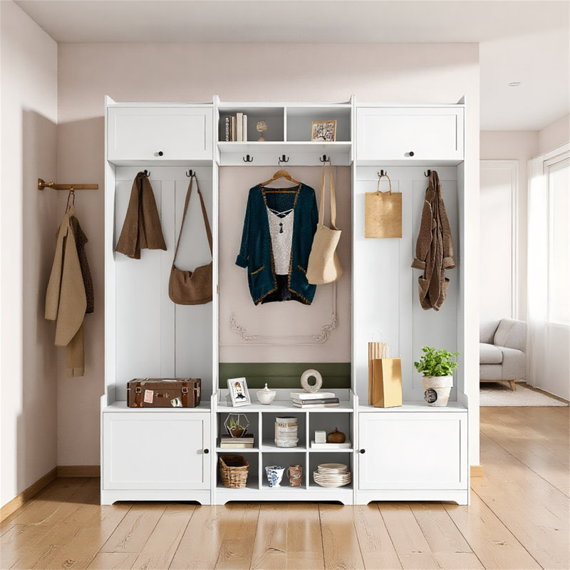 79.1'' Wide Modern Hall Tree – Stylish 4-In-1 Entryway Bench With 8 Cubbies, 7 Coat Hooks & Adjustable Shelf For Your Hallway Or Living Room, White