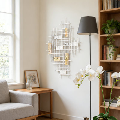 White+gold Iron Wall Decor – Grid Patterned Geometric Modern Wall Art , Ideal For Bedroom/living Room Home Decor