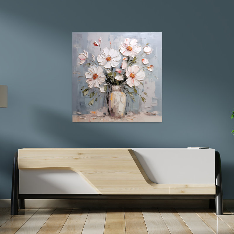 Art contemporain, blanc avec un empâtement dans un vase de fleurs, H 36 po x l 36 po