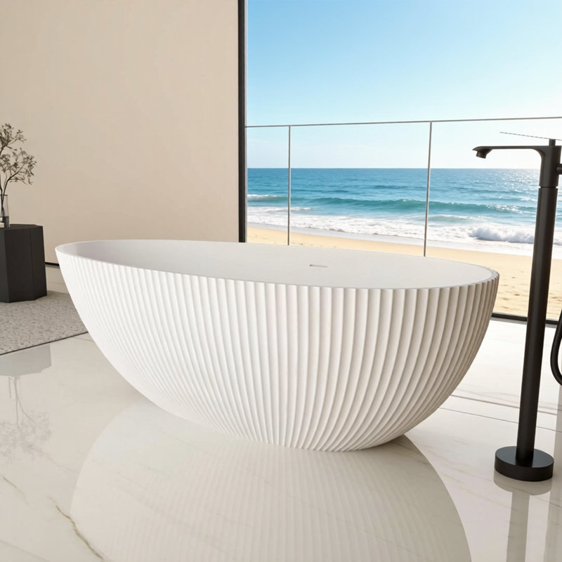 67” Freestanding Soaking Solid Surface Bathtub Egg-Shell Design In White With Vertical Texture