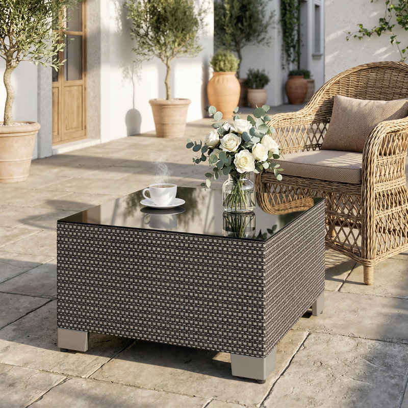 Table de patio carrée 21,7 po avec plateau en verre trempé, noir